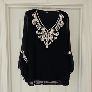 Alfani Black Blouse with White Embroidery